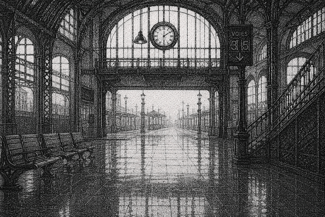 Dessin au pointillisme (feutre fin) d'une gare ferroviaire ancienne, avec verrière, horloge suspendue, panneau des voies 3 et 5 et sol mouillé reflétant la lumière