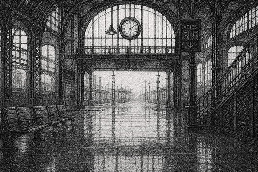 Dessin au pointillisme (feutre fin) d'une gare ferroviaire ancienne, avec verrière, horloge suspendue, panneau des voies 3 et 5 et sol mouillé reflétant la lumière